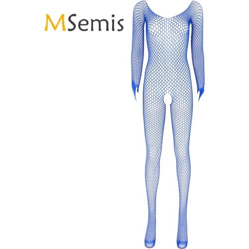 Womens Lingerie Crotchless Bodysuit See-through Mesh Bodystocking Round Neck Long Sleeve with Thumb Hole Stretchy Nightwear
