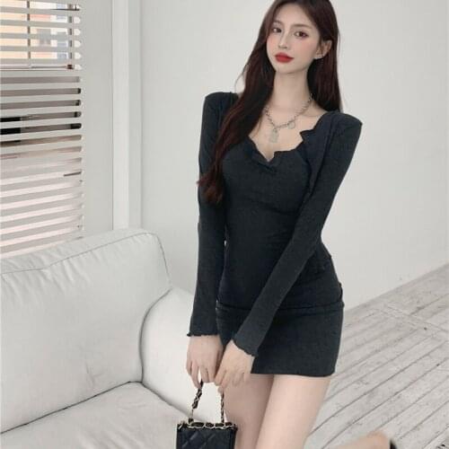 Autumn Ladies SSlim Buttocks olid Mini Dresses 2021 Women Sexy Elegant Temperament Short cardigan Two-piece suit Dress Vestidos