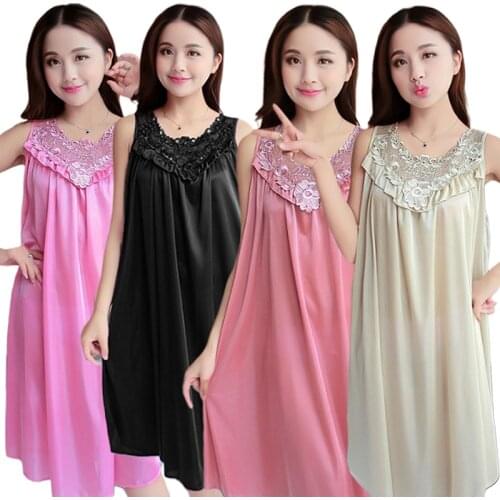 Womens Summer Lace Ice Silk Nightdress Lingerie Sleepwear Female Sleeveless Loose Nightgown