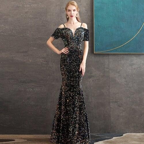Evening Dress 2021 New The Party Prom Formal Evening Dress Elegant Boat Neck Mermaid Bling Bling Sequin Gown Robe De Soiree