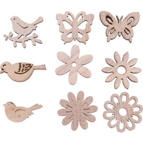 100pcs Cartoon Wooden Pieces Creative Flower Bird Natural Wood Plate Decor for DIY Crafts Making (2 Style Mixed)