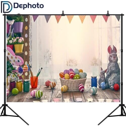 Dephoto Easter Backdrop Painted Eggs Interior Room Decor Photography Background Rabbits Wooden Floor Children Portrait Studio