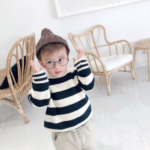Childrens Plush sweater autumn and winter new Korean girls striped knitwear childrens wear boys Pullover baby sweater Striped