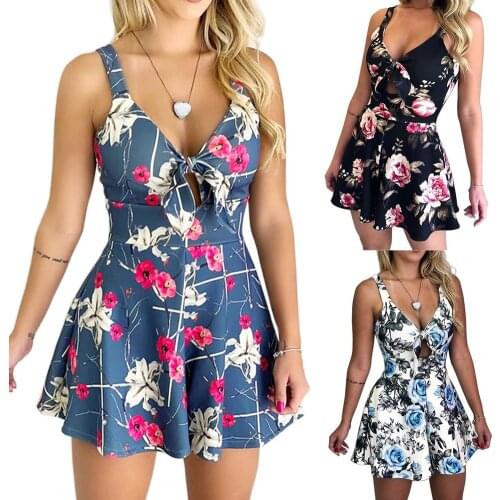 Women Sexy Playsuit Sleeveless Bow Floral Print Waist Tight Jumpsuit Romper Women Sexy Playsui Jumpsuit Romper Women Sexy Playsu