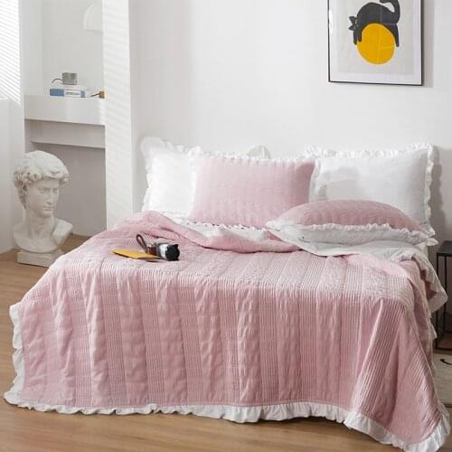 Pink Cotton Summer Seersucker Quilted Elegant Lace Ruffle Bedspread Coverlet Bed Cover Set Bed sheet Pillowcase Bedding 3pcs