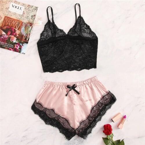 Female Sexy Lingerie Bra Set Women Sleepwear Sleeveless Strap Lace Trim Satin Cami Tops Underwear Set Bras Women Brief Sets