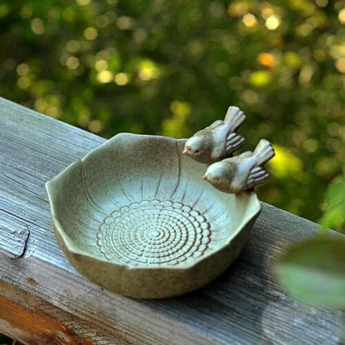 Creative Ceramic Basin Bird Feeder Bowl Multifuncational Fruit Food Art Container with Bird Decor for Outdoor Home SCVD889