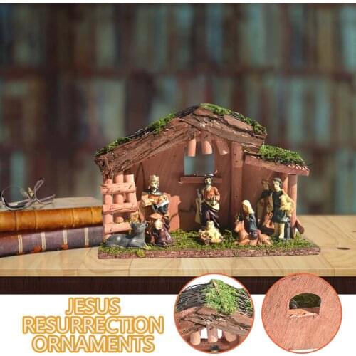 Christian Nativity Ornament Baby Jesus Manger Christmas Crib Figurines Miniatures Ornament imitation woodcut resin Decor