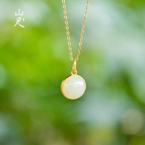 Natural Hetian White Jade round Pendant S925 Sterling Silver Jade Necklace Simple and Compact Gift for Mother