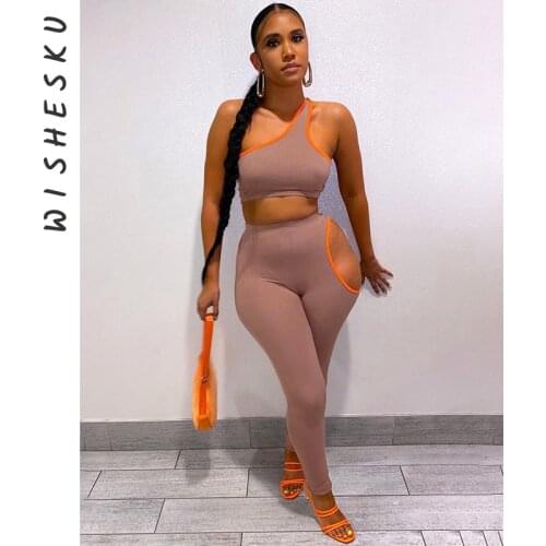 Summer Workout Two Piece Set One Shoulder Crop Top Cut Out Fitness Pants Loungewear Tracksuit Outfits Sexy Matching Sets