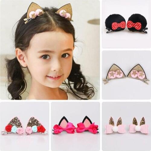 2pcs/Set Cute Hair Clips For Girls Glitter Rainbow Felt Fabric Flowers Hairpins Cat Ears Bunny Barrettes Kids Hair Accessories