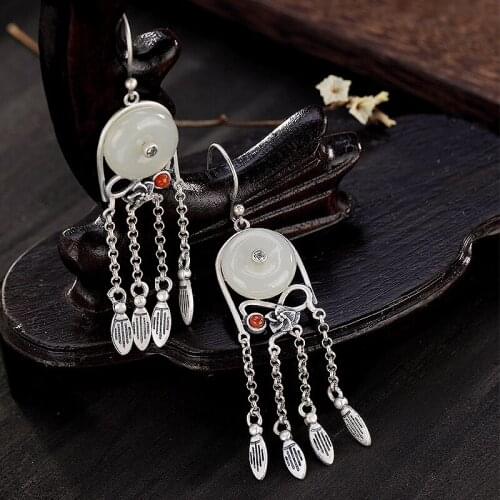 Natural 925 sterling silver retro inlaid white hetian jade safety button tassel earrings jewelry individuality fashion for women