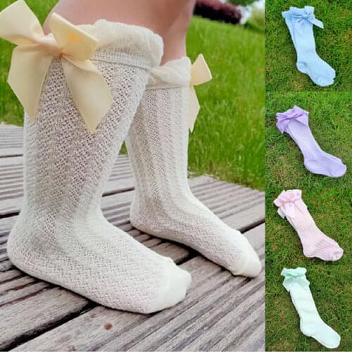 Girls Hollow Socks Tube Bow Sweet Summer Thin Mesh Socks Baby Mosquito-Proof Socks Candy-Colored Purple Green Pink