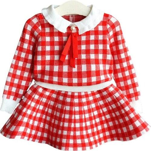 Girl Clothes Spring and Autumn Sweater Two-piece Girl Knit Skirt Casual Plaid Print Girl Sweater Suit