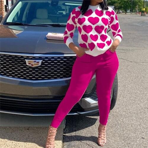 Autumn Women Cute Sweet Office Outfits 2021 Casual Long Sleeve Tops + Pencil Pants Suits Korean Heart Print Two Pieces Set