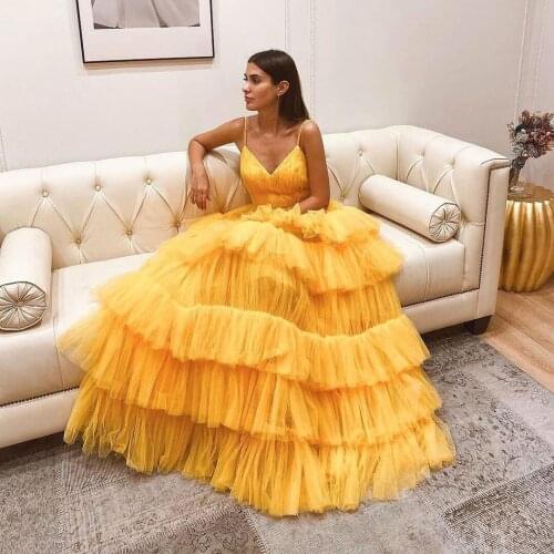 Sexy Yellow Elegant Women Dress Spaghetti Strap Backless A-Line Floor Length Tulle Ruffles Layered Dresses Custom Made