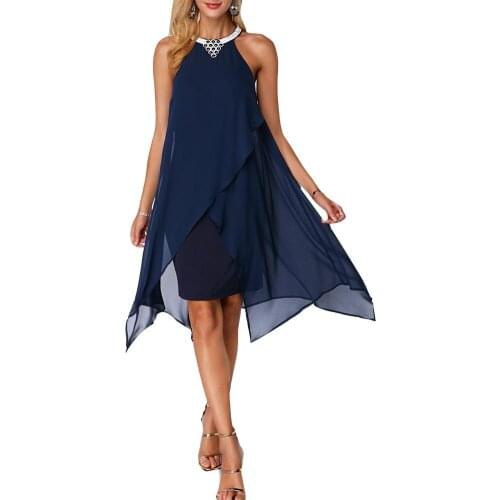 Hot Women Summer Round Neck Sleeveless Irregular Double Layer Chiffon Midi Dress Gift
