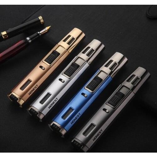 Portable Long strip Windproof Cigarette lighter Metal Gas lighter Butane Torch lighter Cross double straight Blue flame