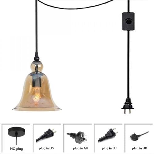 Industrial Plug In Pendant Light, Plug In Ceiling Light Fixture with Amber Glass Shade, Hanging Pendant Light for Kitchen Island