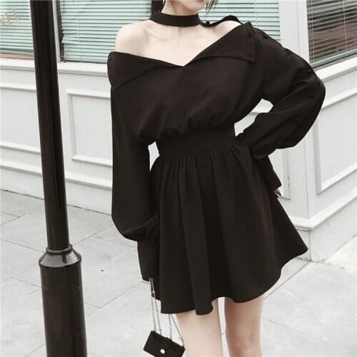 Ruibbit New Arrival Hot Sale New Spring Autumn Punk Gothic Black Dress Fashion Long Sleeve V collar Female Sexy Slim Dresses