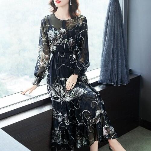 Silk Woman Dress Elegant Floral Dress Female Long Sleeve Midi Dresses for Women Two-piece Spring Autumn 2021 Vestidos Pph3183