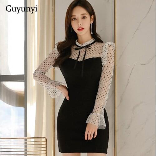 Sexy Nightclub Mini Dress 2021 Spring Stand Neck Collar Bow Knot Polka Dot Mesh Stitching High Waist Tight Party Dress Women