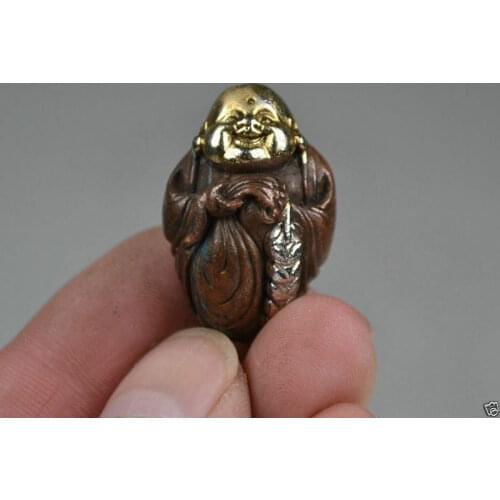 Collectable Chinese Brass Carved The Cloth Bag Monk Happy Buddha Maitreya Buddha Exquisite Small Statues