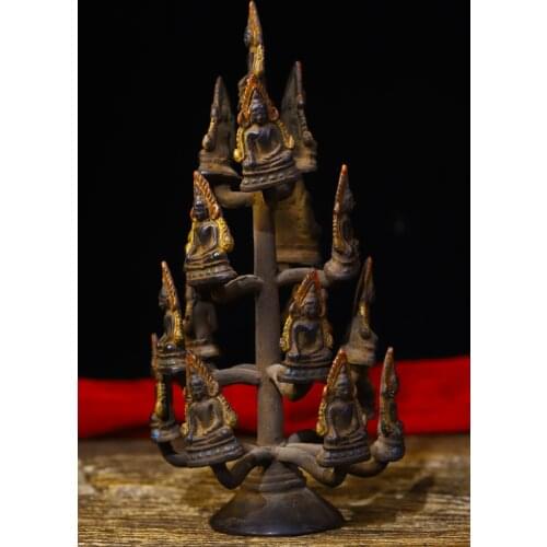 8"Tibet temple Old Bronze Hand beat Engraved Tracing Old stupa Shakyamuni Buddha Statue Buddhist instruments Town House