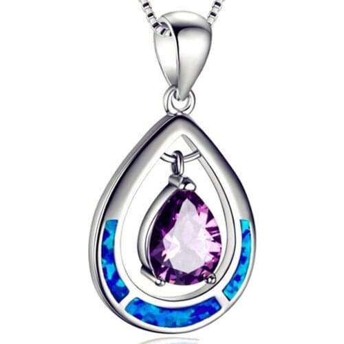 Trendy Silver Plated Water Drop Hollow Blue Opalite Opal Pendant Link Chain Necklace Purple Crystal Jewelry