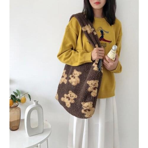 Women Lamb Like Fabric Shoulder Tote Bag Canvas Fluffy Fur Bear Handbags Large Capacity Soft Shopping Bags Girls Cute School Bag