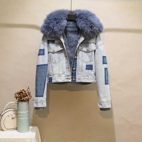 Womens Hit Color Real Fox fur collar thicker warm denim coat female winter real rabbit fur liner detachable real fur coat F2515