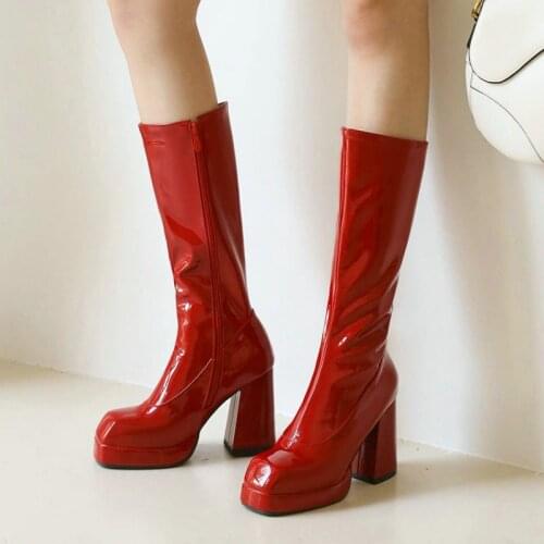 2021 Platform Knee High Boots Fashion Patent Leather Women Boots Chunky High Heel Long Boots Zipper Autumn Winter Lady Shoes
