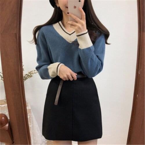 Women 's Sweater Antumn Cashmere Korean Style Stiching Colors Long-sleeved Knitted Pullovers Basic Tops 2020
