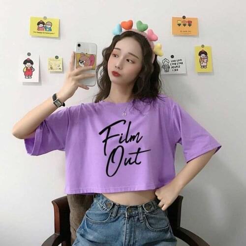 Woman Crop Top T-Shirt Bangtan Boys FILM OUT Letter Print Cotton Tshirt Casual Korean Kpop Fashion y2k Womens Tee Shirt Clothes