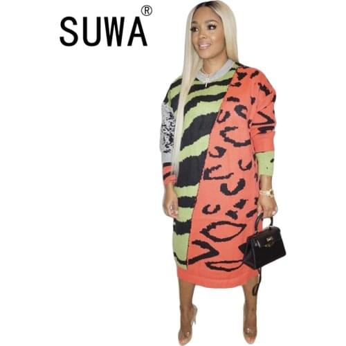 Striped Leopard Patchwork Plus Size Loose Dress Woman Fashion Crew Neck Long Sleeve Maxi Dresses Autumn Winter Straight Vestidos