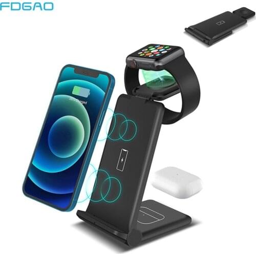 15W Qi Fast Wireless Charger Stand For iPhone 13 12 11 XR 8 Apple Watch Airpods Pro iWatch 3 in 1 Foldable Charging Dock Station
