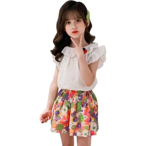 Kids Clothes Floral Vest + Skirt Costume For Girls Cherry Children Clothes Girl Summer Childrens Tracksuit 6 8 10 12 14