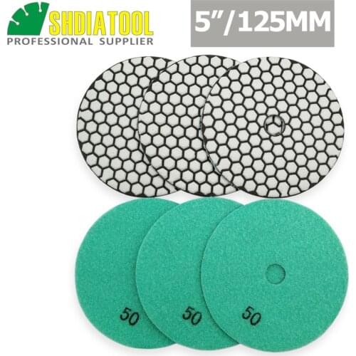SHDIATOOL 6pcs 5inch Dry Diamond Polishing Pads Diameter 125mm Grit #50 Sanding Disc For Granite Marble Polisher Pad