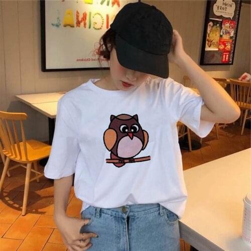 Graphic tees tops Cartoon owl theme tshirts women funny t shirt white Tops casual short Camisetas Mujer_T-Shirt