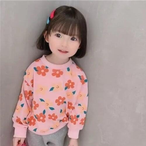 Girls cotton loose fashion flower print sweater new childrens baby Korean long sleeve round neck top sweatshirt P5198