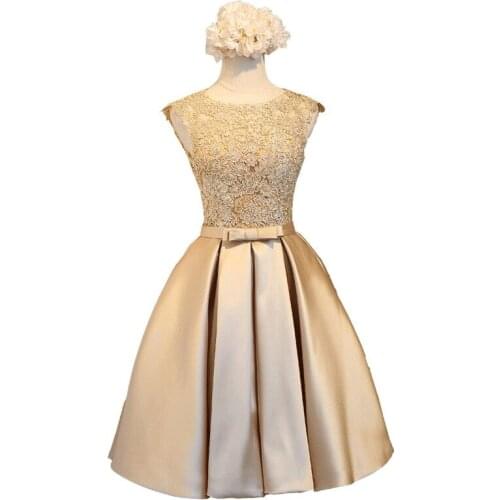 O-Neck Gold Short Homecoming Dresses Lace Appliques Formal Evening Gowns Lace Up Robe De Soiree