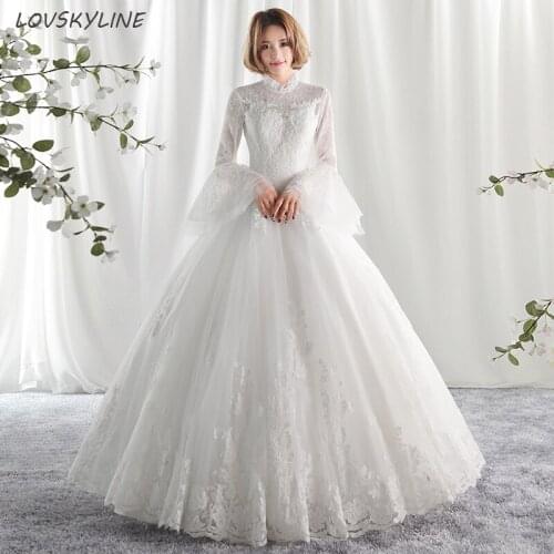 Lace Embroidery Flare Sleeve High Neck Muslim Wedding Dresses New Fashion Princess Appliques Gown Customized Bridal Dress