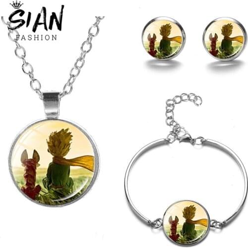 SIAN 4pcs/Set Cartoon The Little Prince Jewelry Set Handmade Art Photo Glass Cabochon Necklace Bracelet Earrings For Girls Gifts