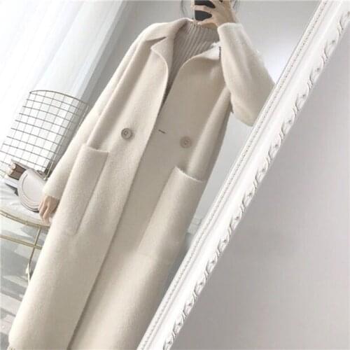 Spring Autumn Women Trench Coat Long White Warm Outwear Pocket Turn-down Collarloose Female Wool Coat Single Button Raincoat