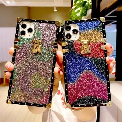 Luxury Rainbow Pattern Glitter Square Phone Case For iPhone 12Pro MAX 11 XR XS MAX 7 8 Plus Colorful Bling Soft Shockproof Cover