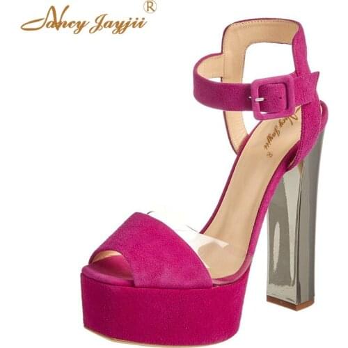 Women Sandals Ladies PVC Shoes Black solid Platform Ankle-Wrap Peep Toe Super High Square heels Sweet Leisure Fashion 2019