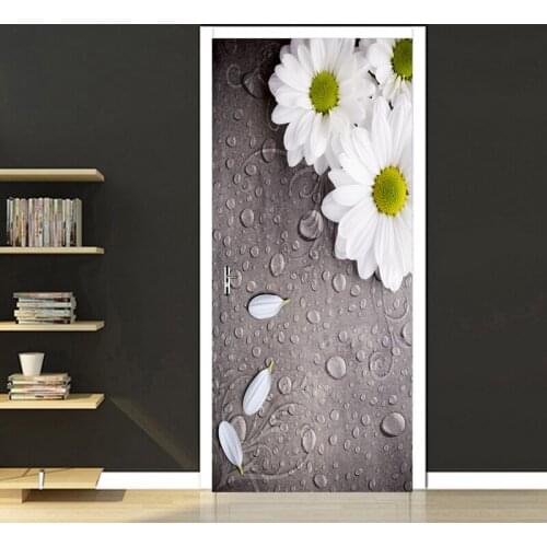 Dewdrop Daisy Flowers Grey Photo Door Sticker Living Room Bedroom Wall Mural Home Decoration Waterproof DIY Poster for Bathroom