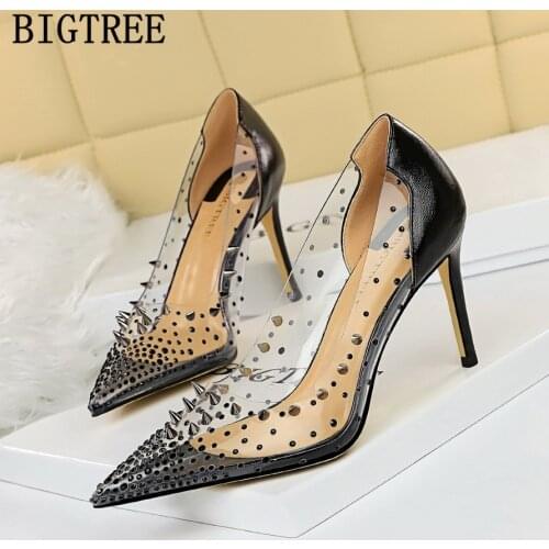 Rivets Heels Party Shoes Women Pumps Stiletto Dress Shoes Women Luxury Shoes Women Transparent Designers Zapatos Para Mujer