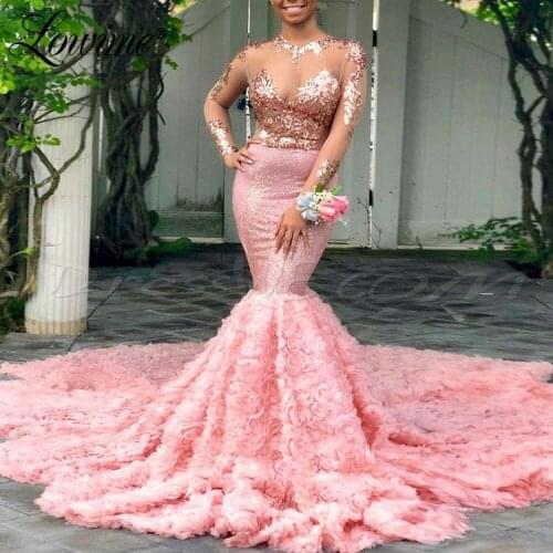 Gorgeous Pink African Mermaid Evening Dresses 2020 Couture Long Sleeves Illusion Prom Dress Sparkly Celebrity Party Dress Gowns