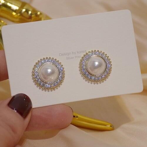 Japanese&Korea Delicate Jewelry 14K Real Gold AAA Zircon Geometric Stud Earrings for Women Luxury Pearl Beads Earrings